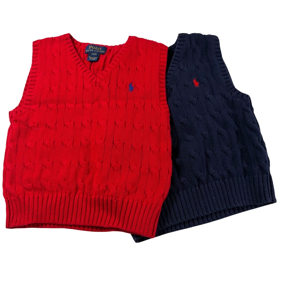 Polo Ralph Lauren Boys Size 2T Cable Knit Sweater Vest Red Navy Bundle of 2